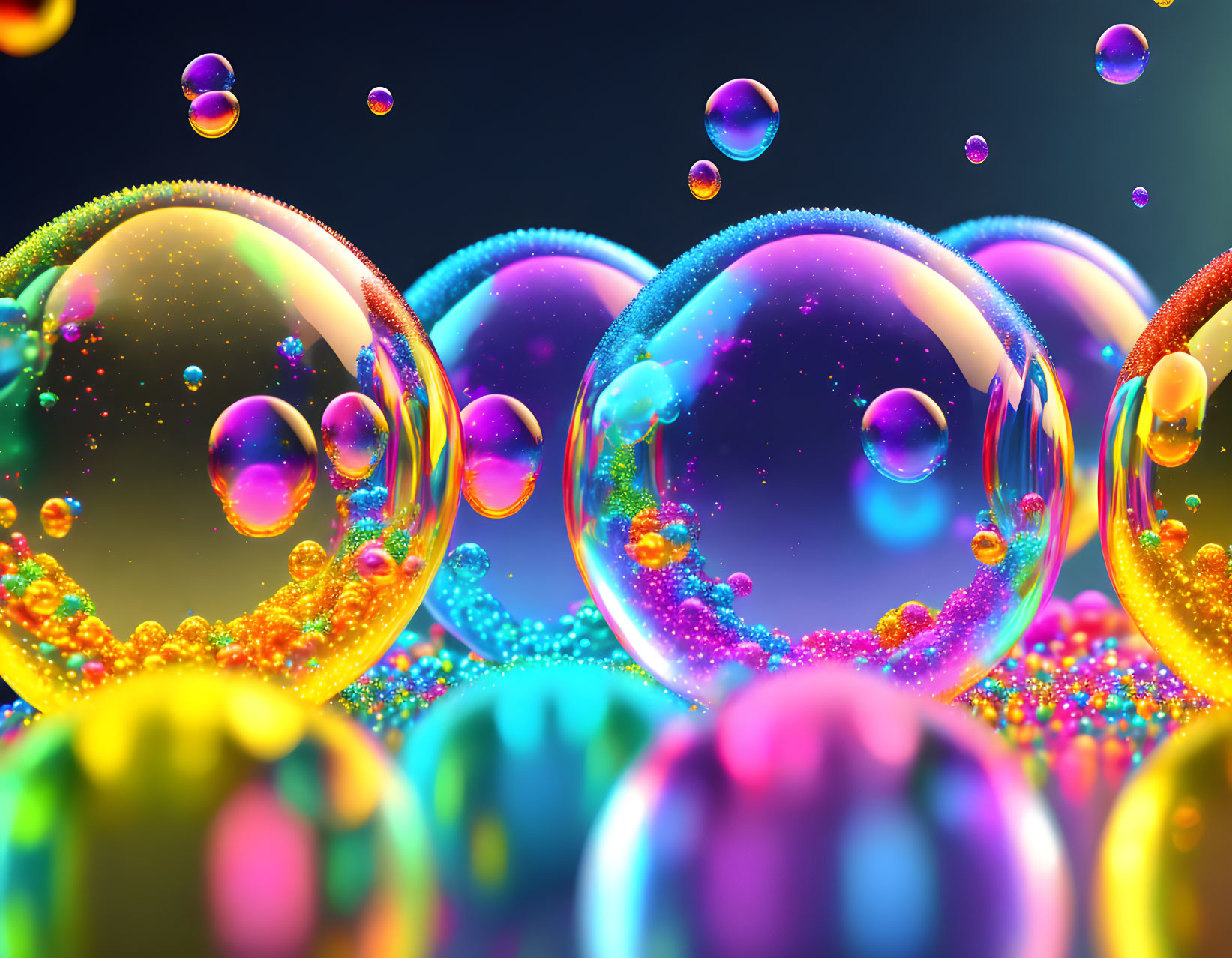 Colorful Reflective Bubbles and Beads on Dark Background