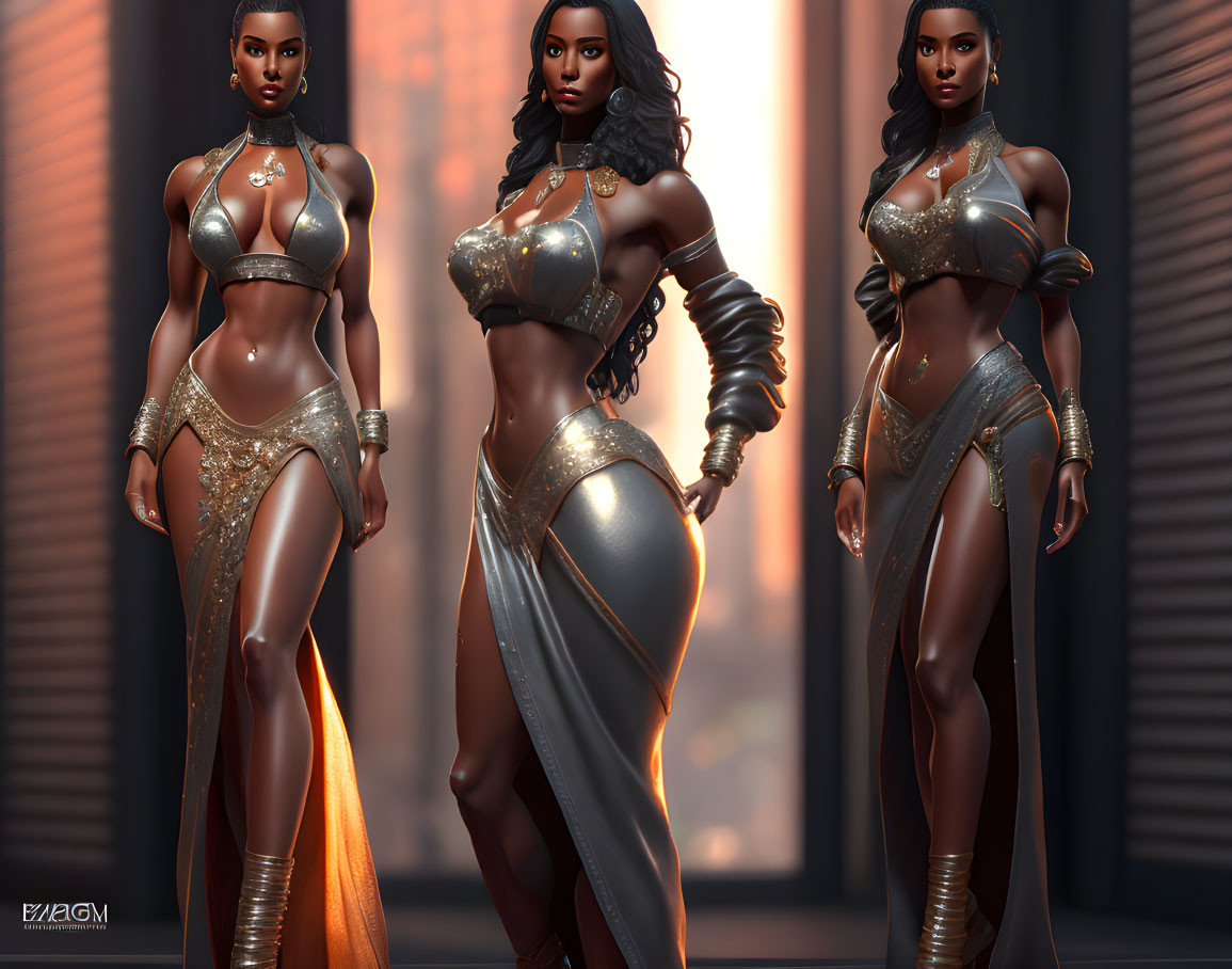 Three golden fantasy attire poses of a muscular female character against a dark backdrop