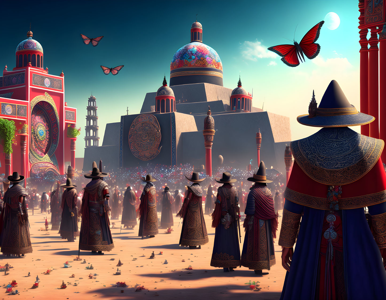 Vibrant traditional scene with people in hats walking towards grand domed buildings under clear sky, surrounded