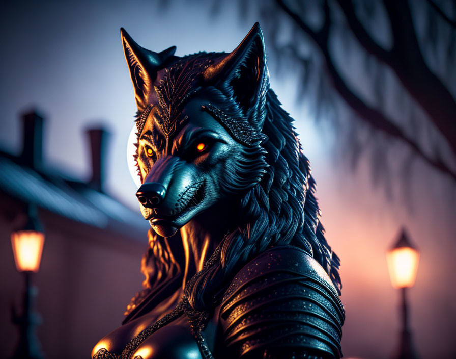 Wolf-headed warrior statue in armor under atmospheric glow