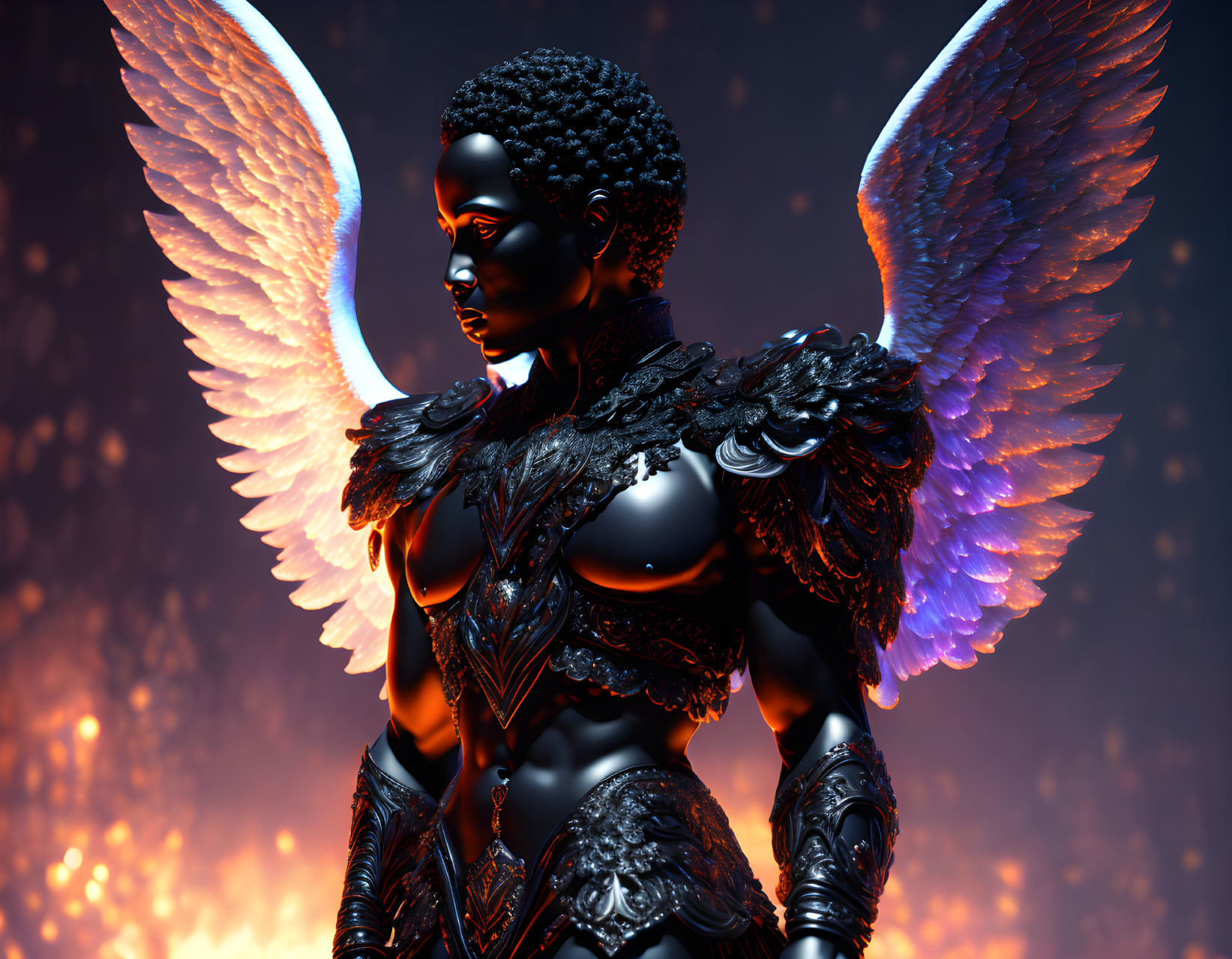 Digital artwork: Dark-skinned figure in detailed armor with glowing wings against fiery background