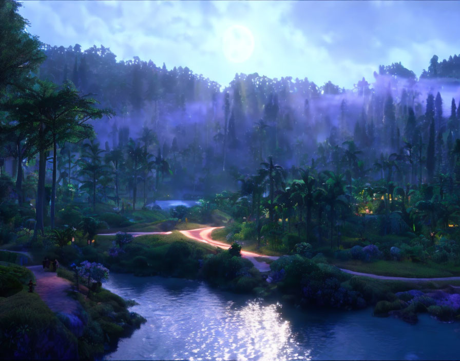 Tranquil nighttime forest scene with glowing moon, mist, winding path, and reflective river