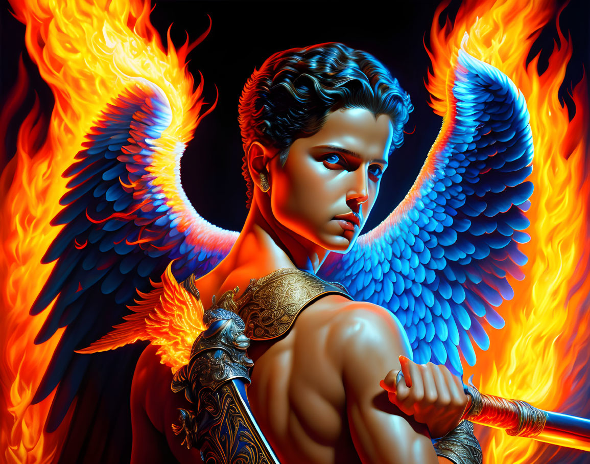 Person with Fiery and Blue Wings Holding a Sword in Mythological Digital Art