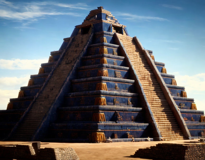 Ancient Mesoamerican pyramid with stairway and temple under blue sky