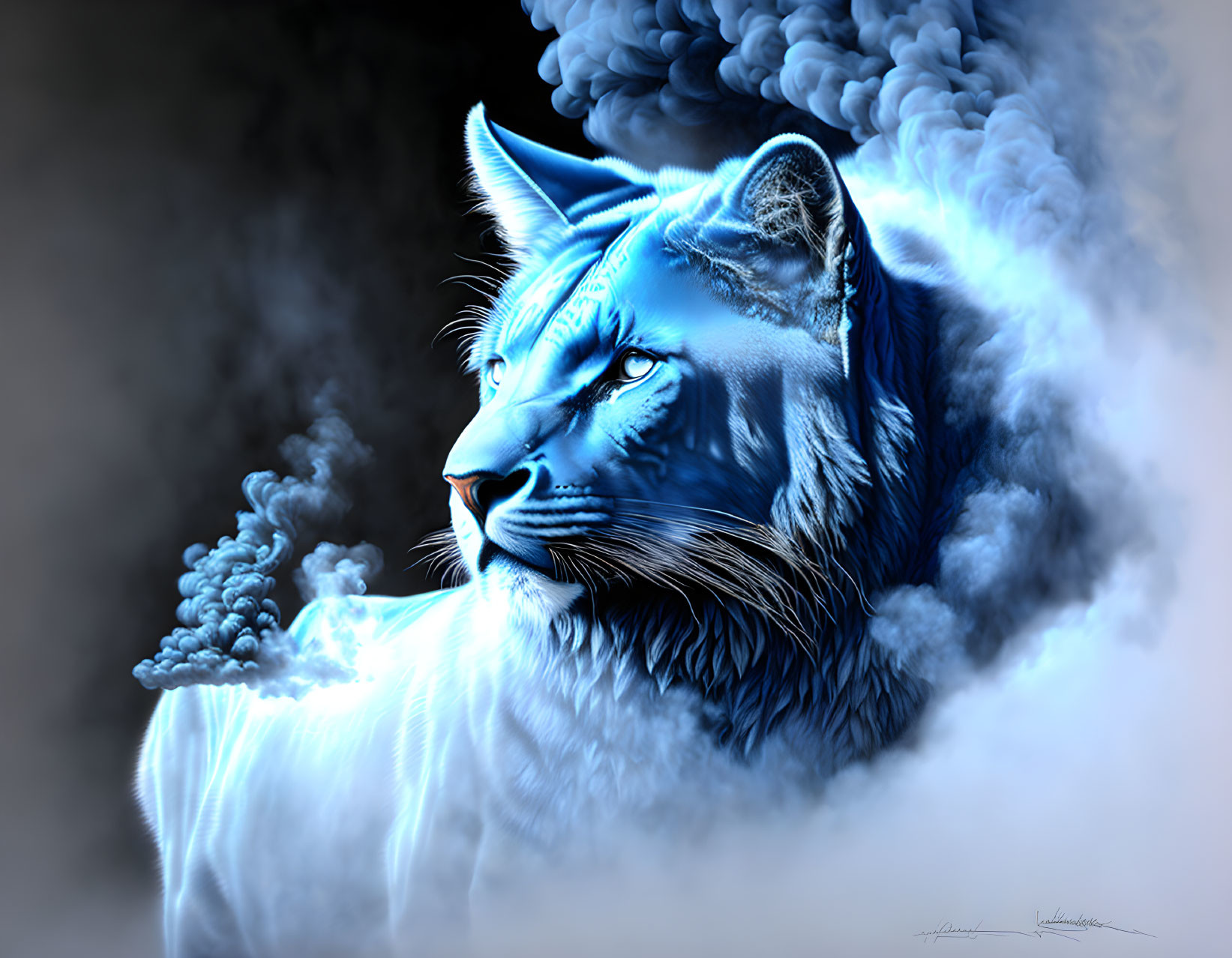 Blue Lynx Emerging from Ethereal Smoke with Intense Gaze