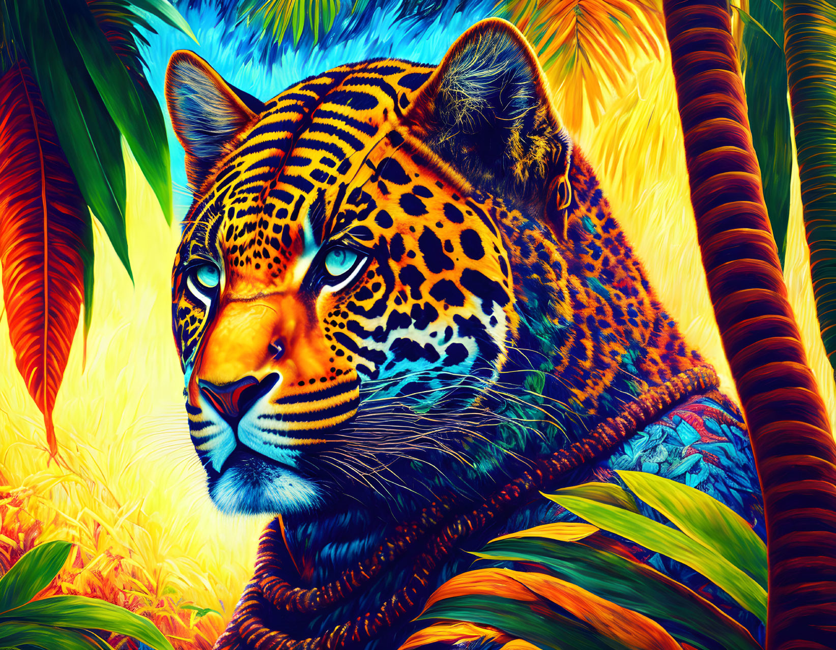 Colorful digital artwork: Jaguar with blue eyes in tropical setting