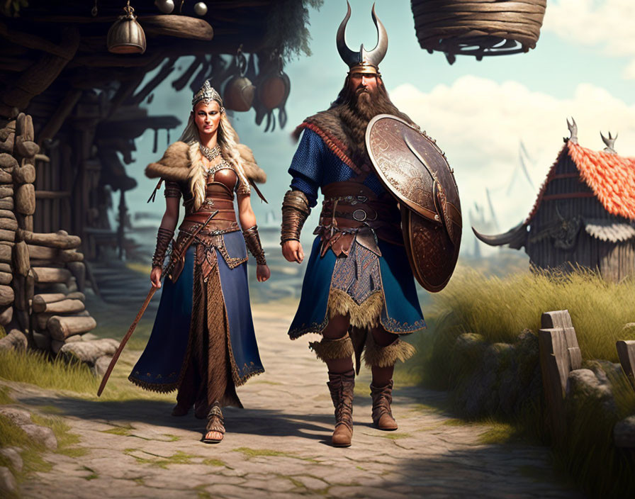 Male and female Viking warriors in traditional armor with shield and axe in Norse village.