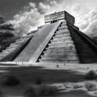 Monochrome Mayan pyramid with palm trees under cloudy sky