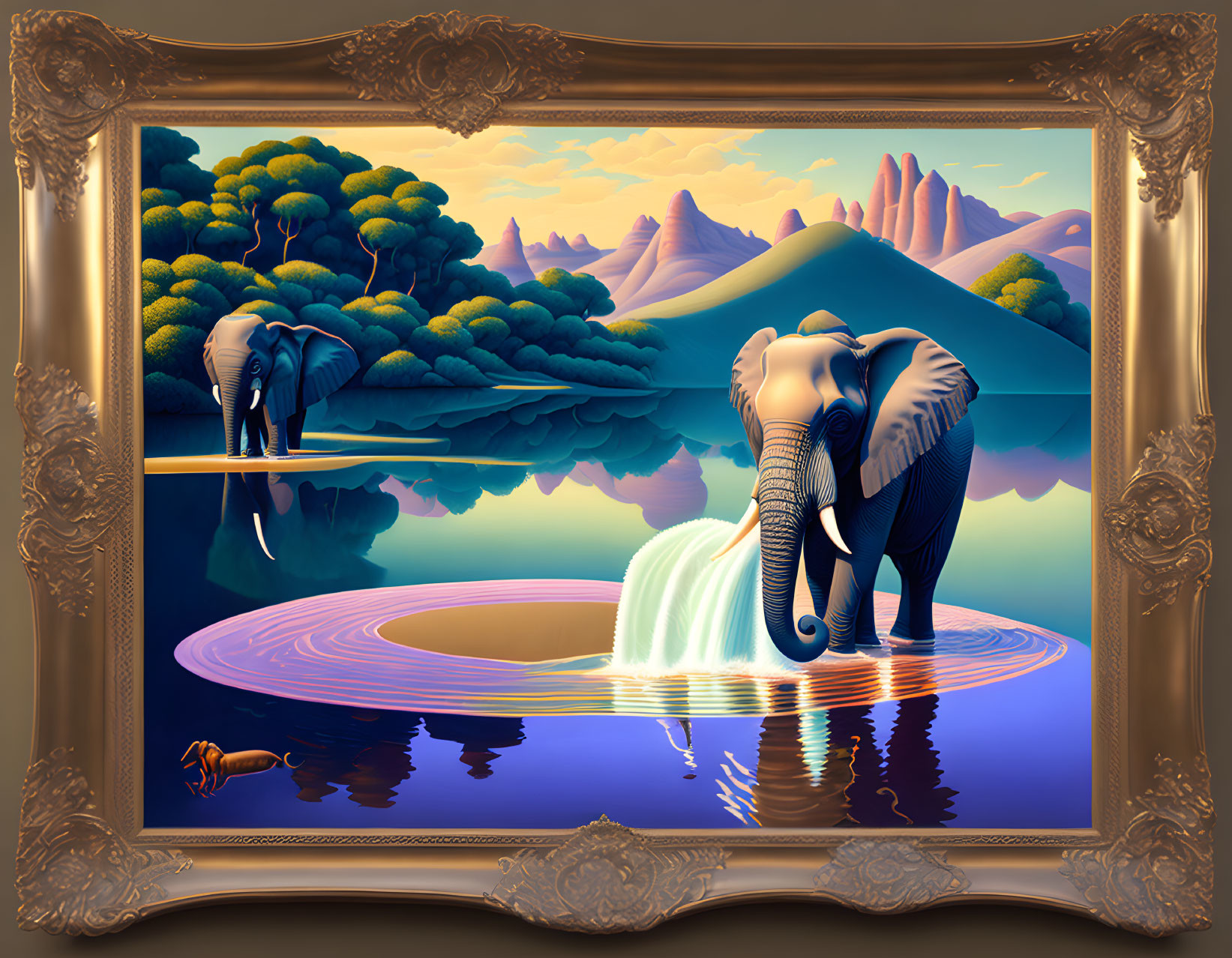 Surreal framed artwork: Elephant creating waterfall over mirror lake