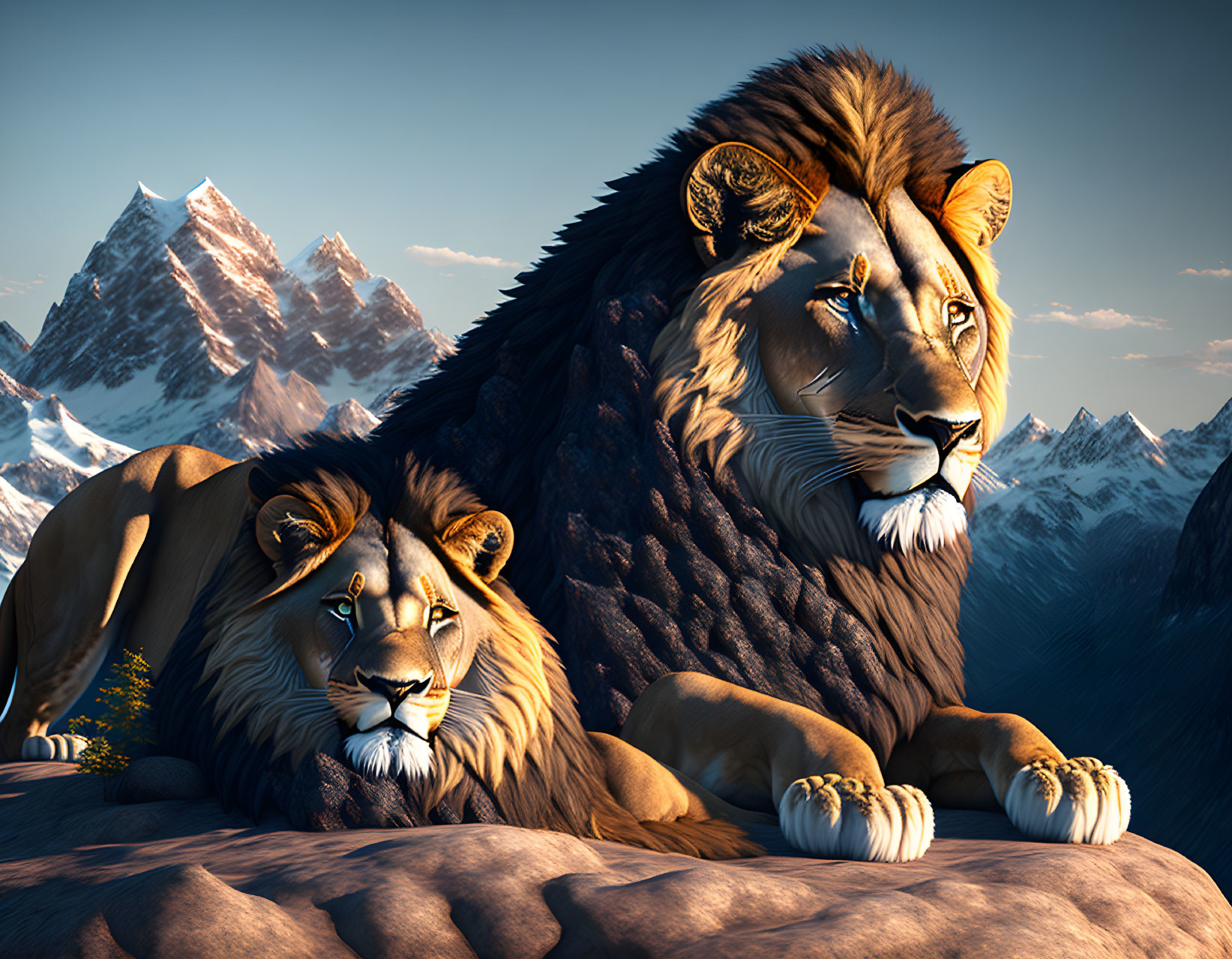 Majestic lions resting on rock with snowy mountains