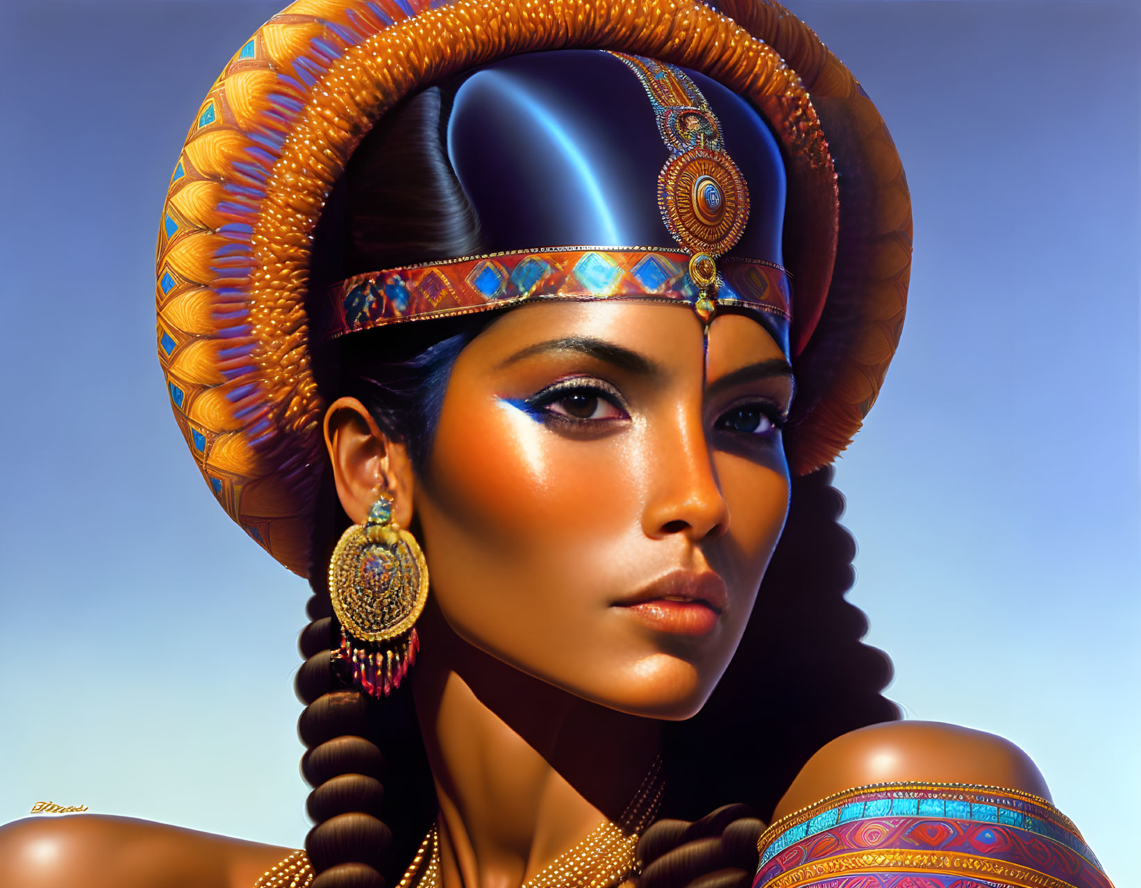 Digital Artwork: Woman in Egyptian Headdress against Blue Sky