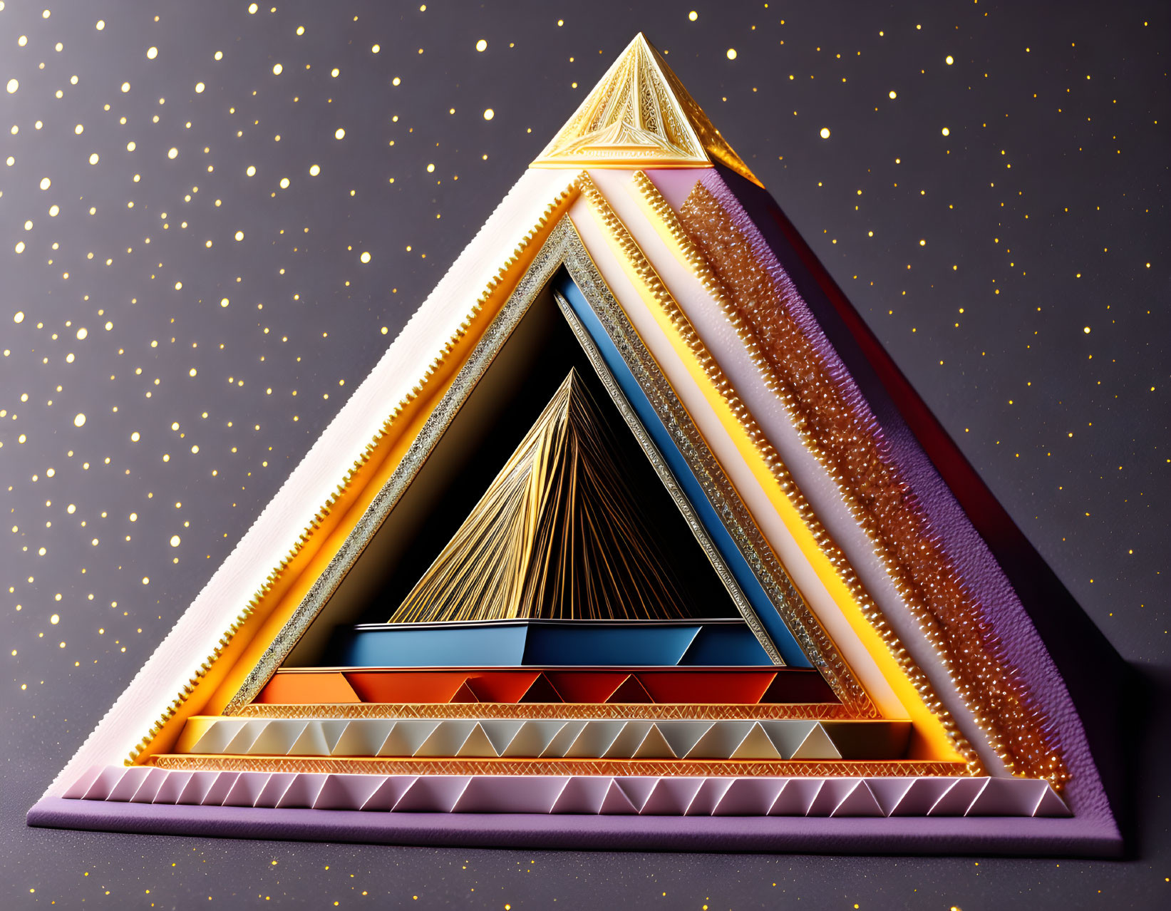 Colorful 3D illustration of nested triangles in various textures and colors