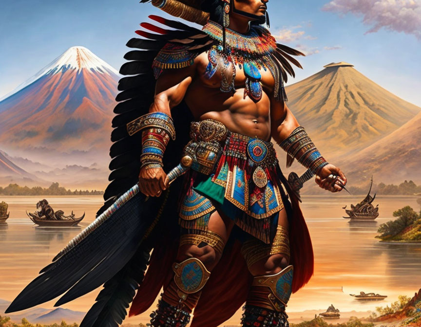 Warrior illustration in feathered headdress and armor with shield and spear, against mountain and lake backdrop