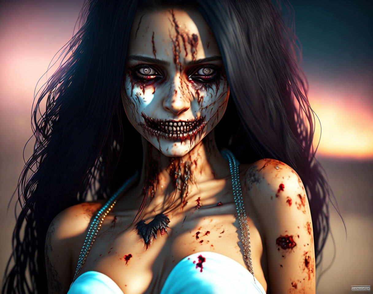 Digital artwork: Woman with horror makeup in skull design, bloody details, sunset background