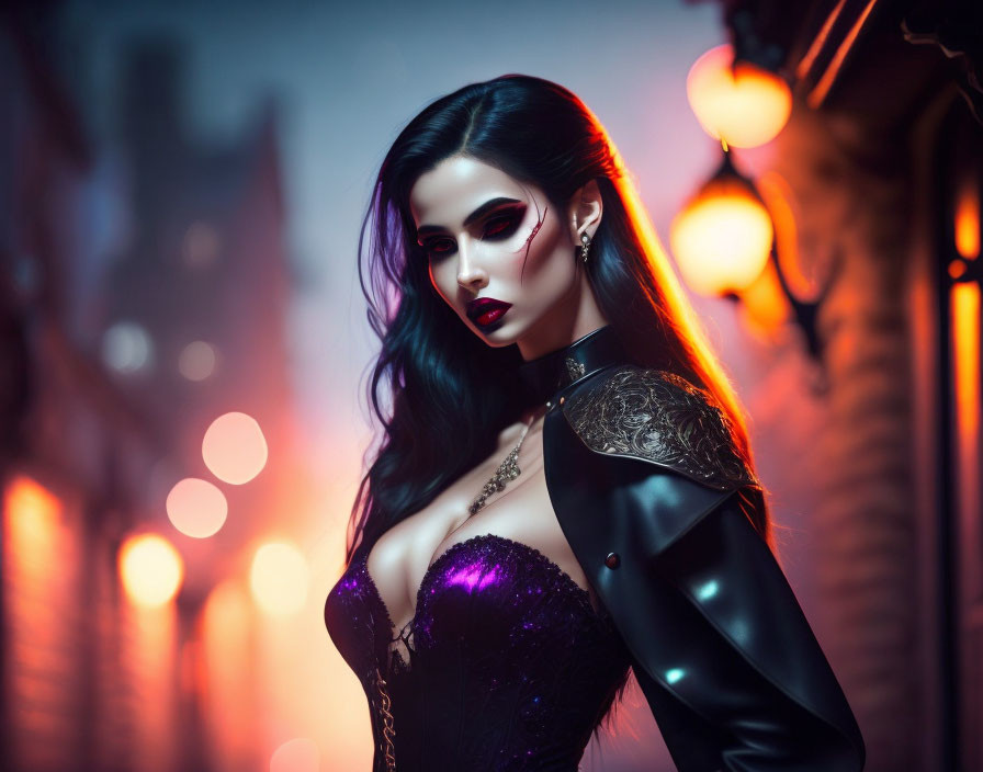 Dark-haired woman in bold makeup and black outfit against city night backdrop.