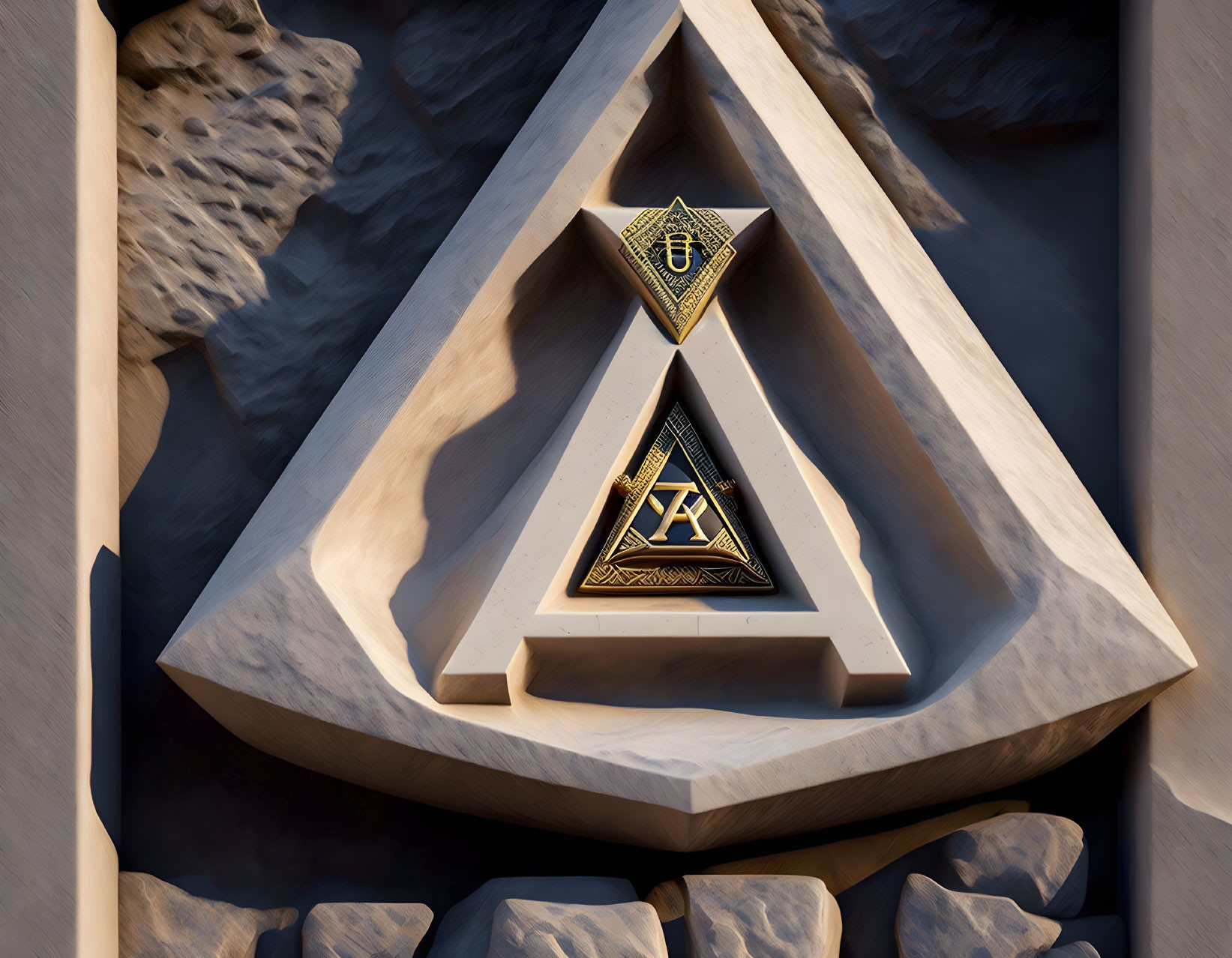 Symbolic triangular emblems in stylized rocky alcove with warm light