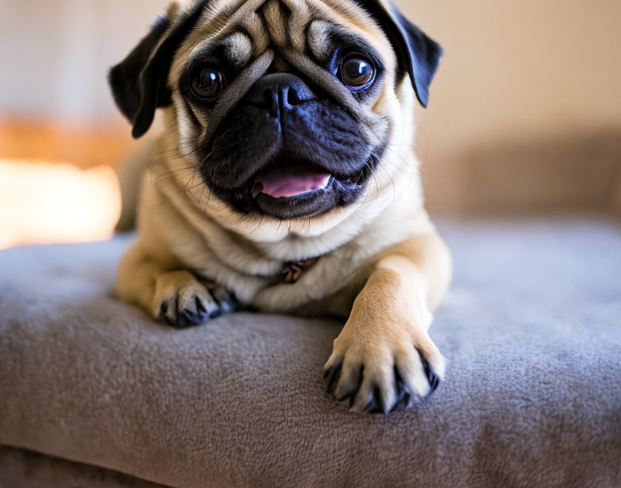 Adorable pug dog with wrinkled face and big round eyes on grey couch