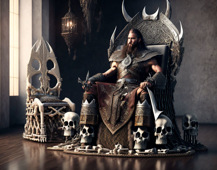 Regal figure in ornate armor on throne with skulls and axes