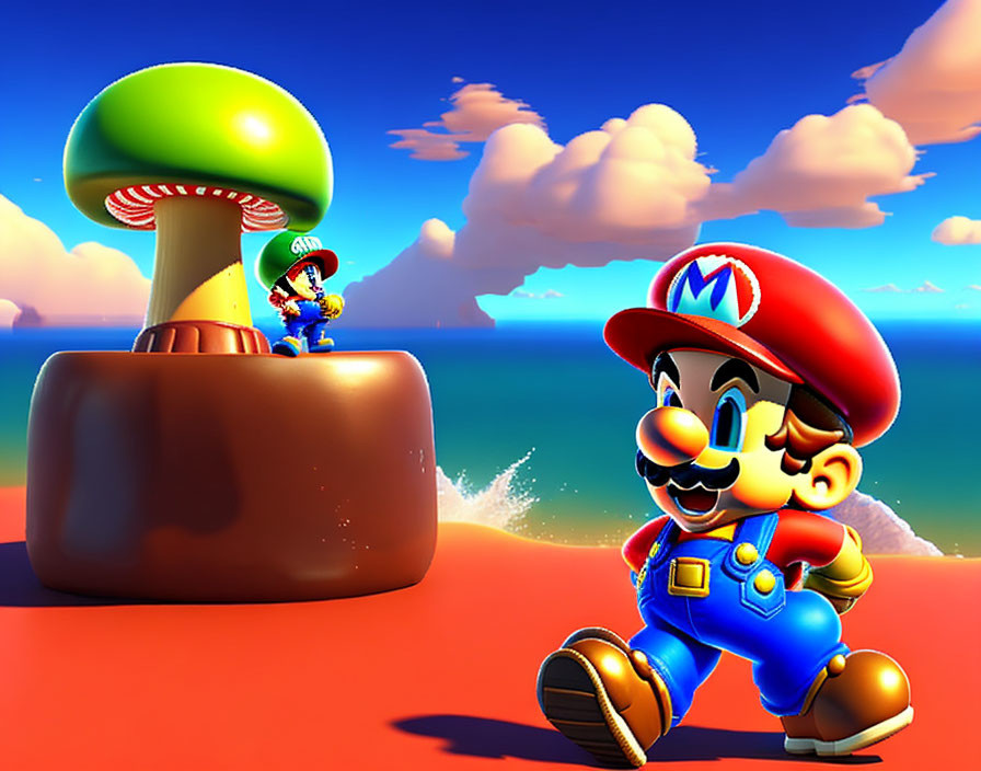 Video game character at beach with giant mushroom in clear sky