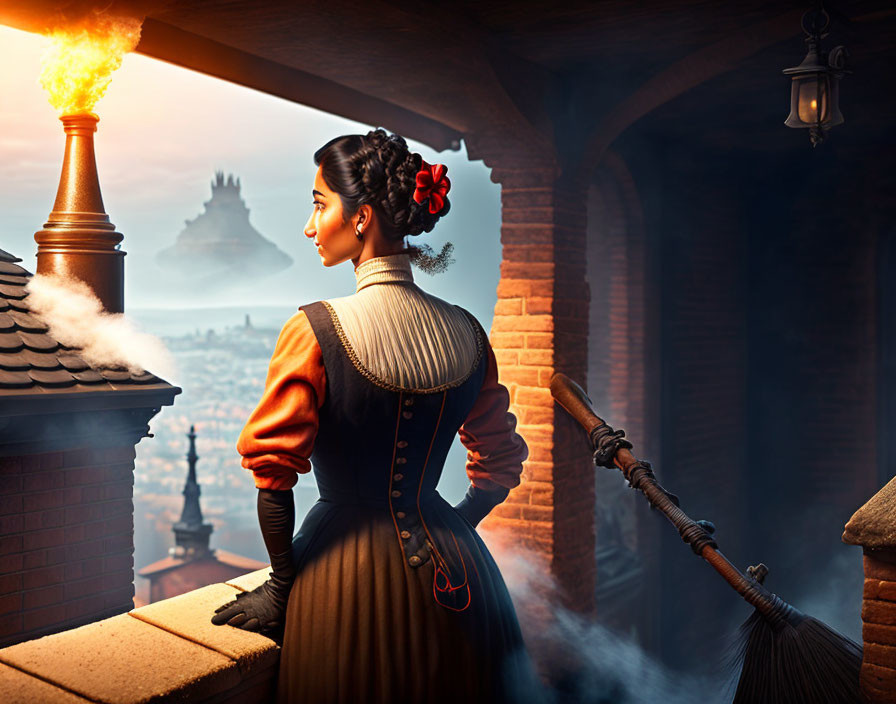 Historical woman with torch on balcony overlooking castle and cityscape