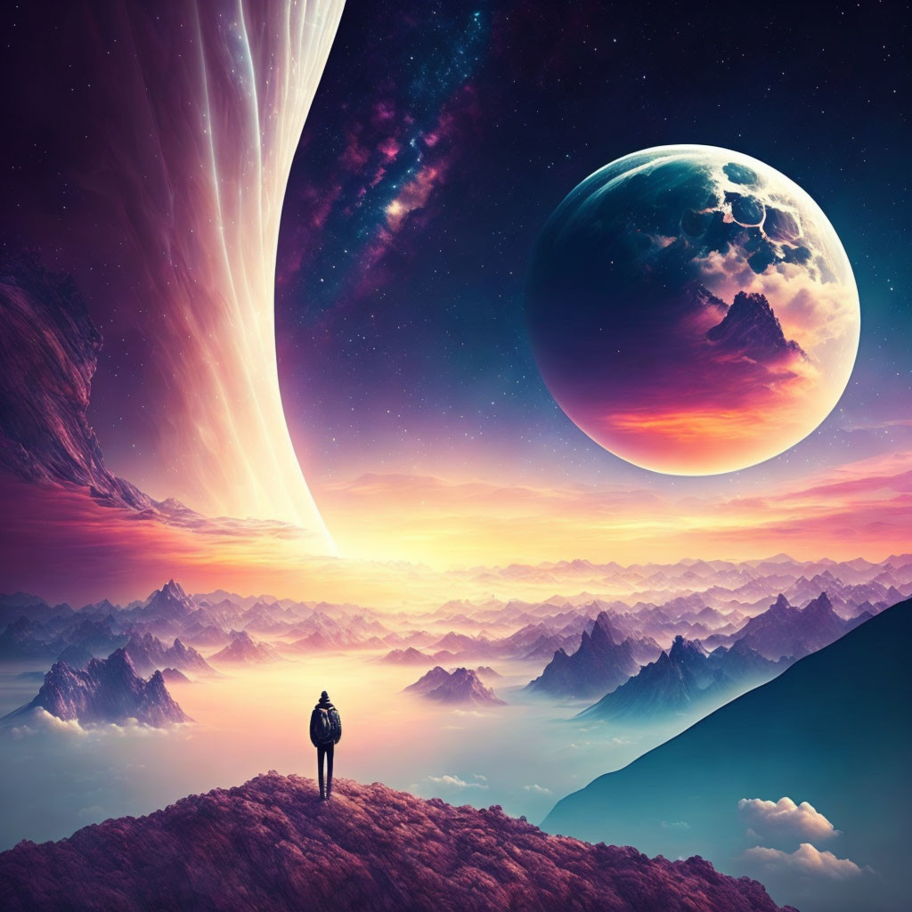 Person on Mountain with Large Planet and Rings in Surreal Landscape