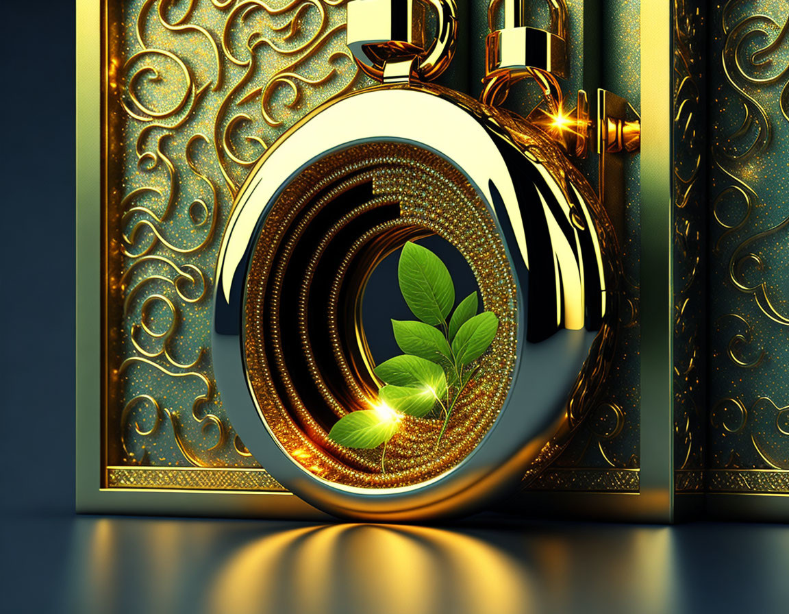 Green plant in golden portal with intricate patterns and shimmering lights