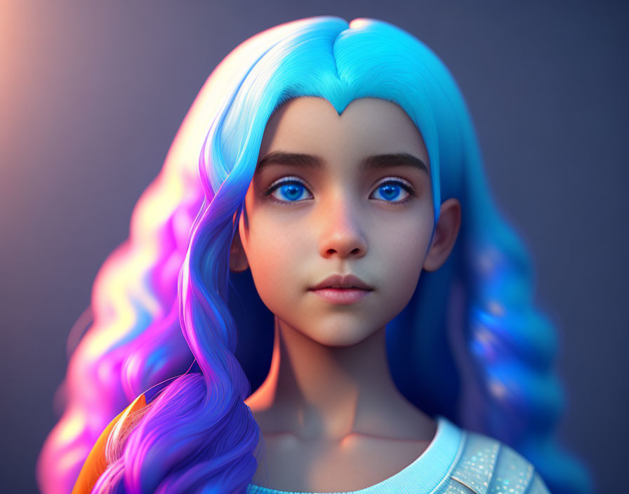 Digital Art: Girl with Blue Hair and Realistic Blue Eyes on Moody Background