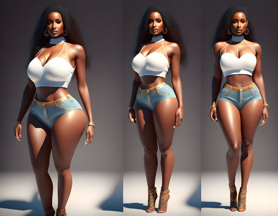 Stylized digital illustration: Dark-skinned woman in crop top poses