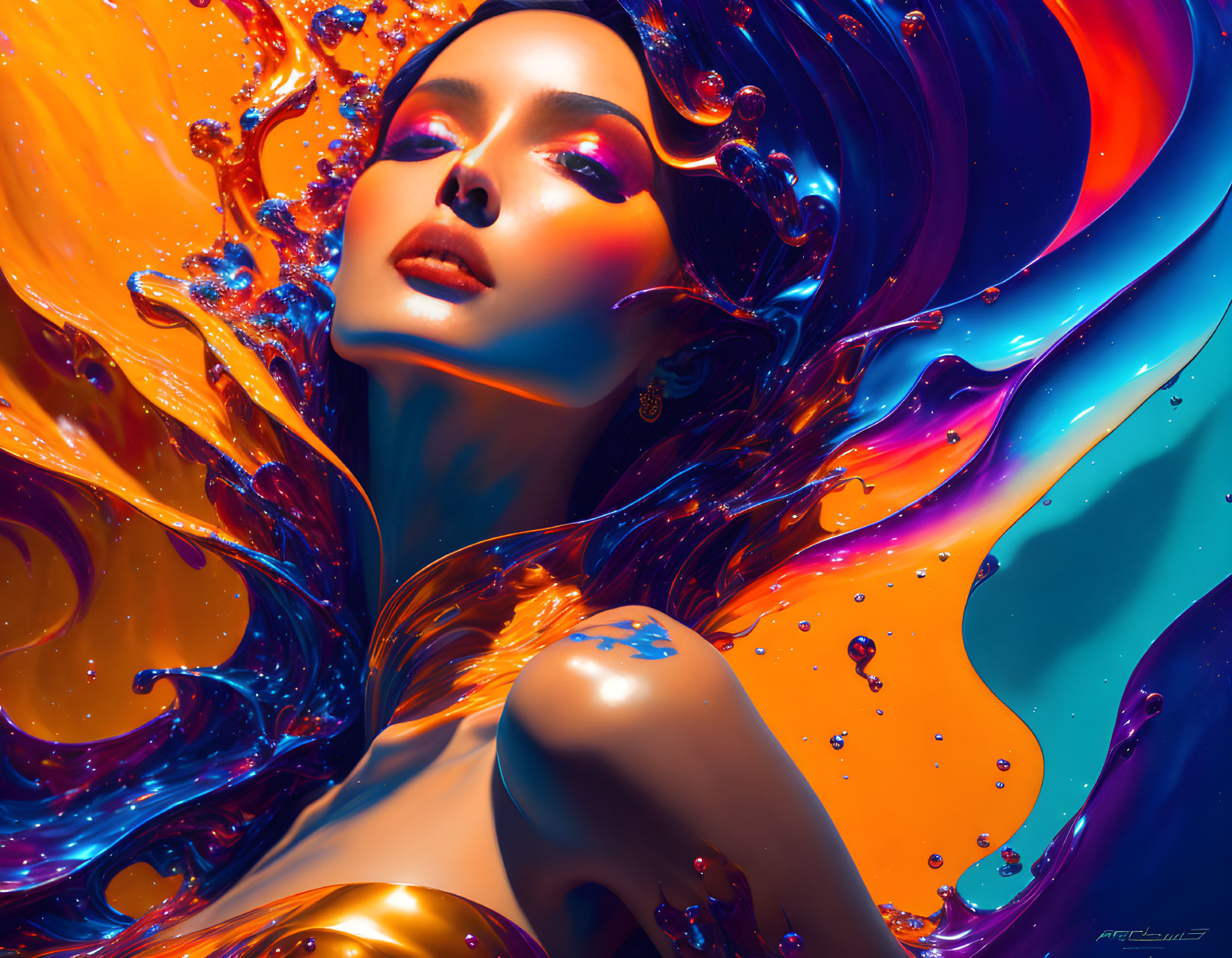 Colorful digital art: Woman in blue, orange, purple swirls