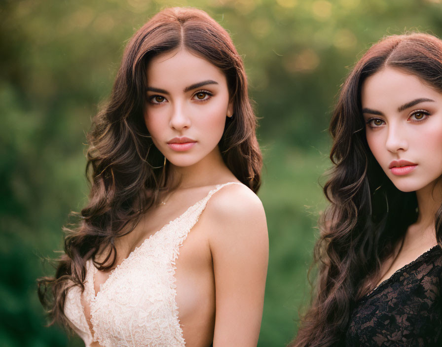 Two women with flowing hair in beige and black dresses against soft-focus green background