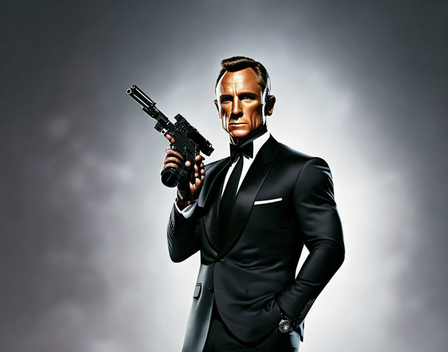 Suave Man in Black Suit Holding Gun on Gray Background