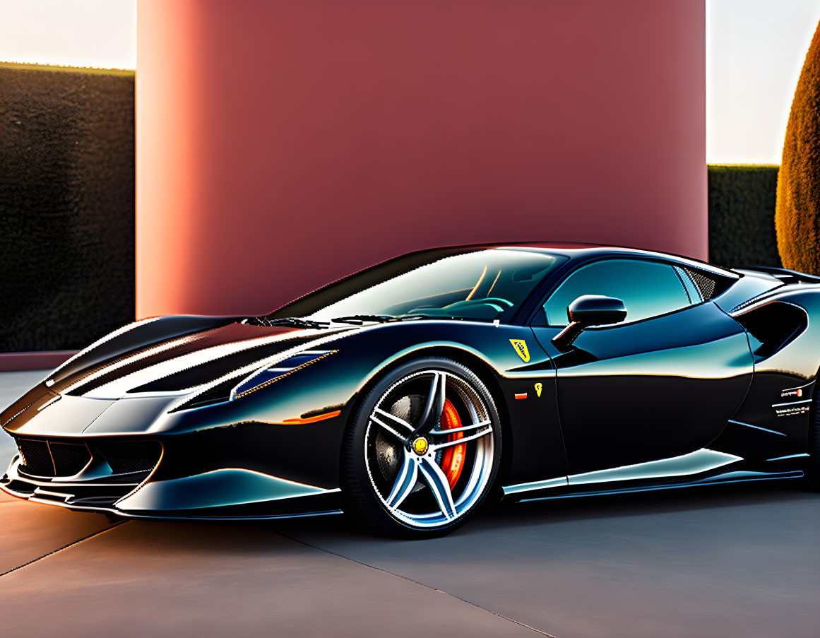 Black Ferrari with white and blue racing stripes parked in front of salmon-colored wall and green hedge