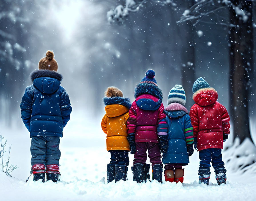 Five children in colorful winter coats and hats standing in snowfall