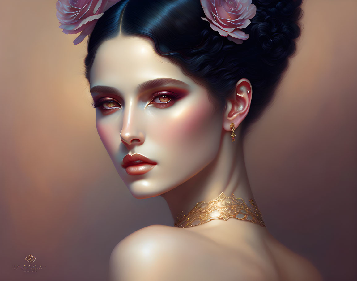 Digital portrait of woman with striking makeup, adorned with flowers and golden jewelry