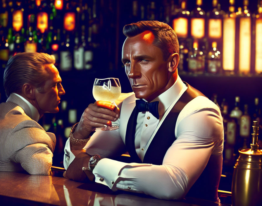 Stylish Men in Suits at Bar with Drink and Reflections