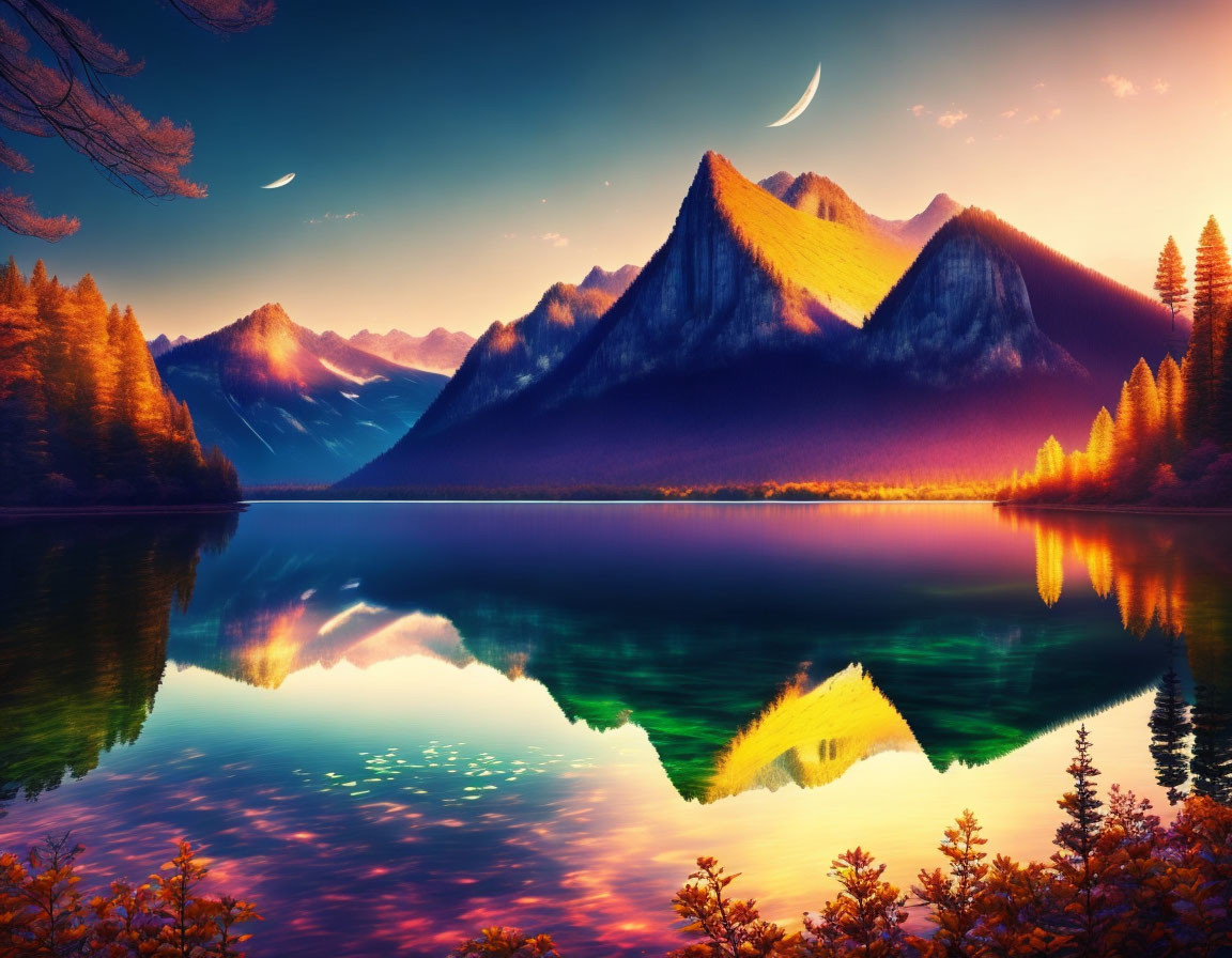 Landscape with vivid sunset hues, calm lake, mountains, trees, and two moons