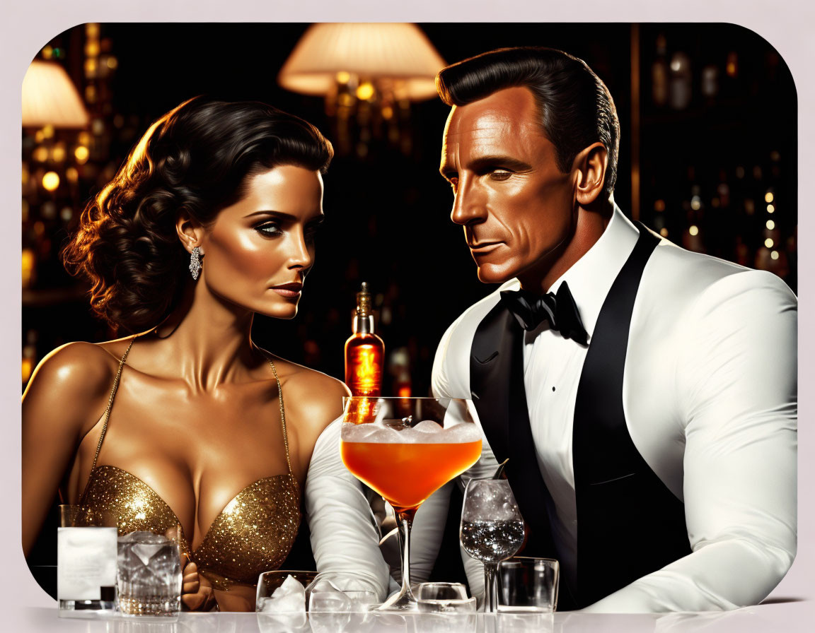 Illustrated elegant couple in tuxedo and golden dress at bar with cocktails