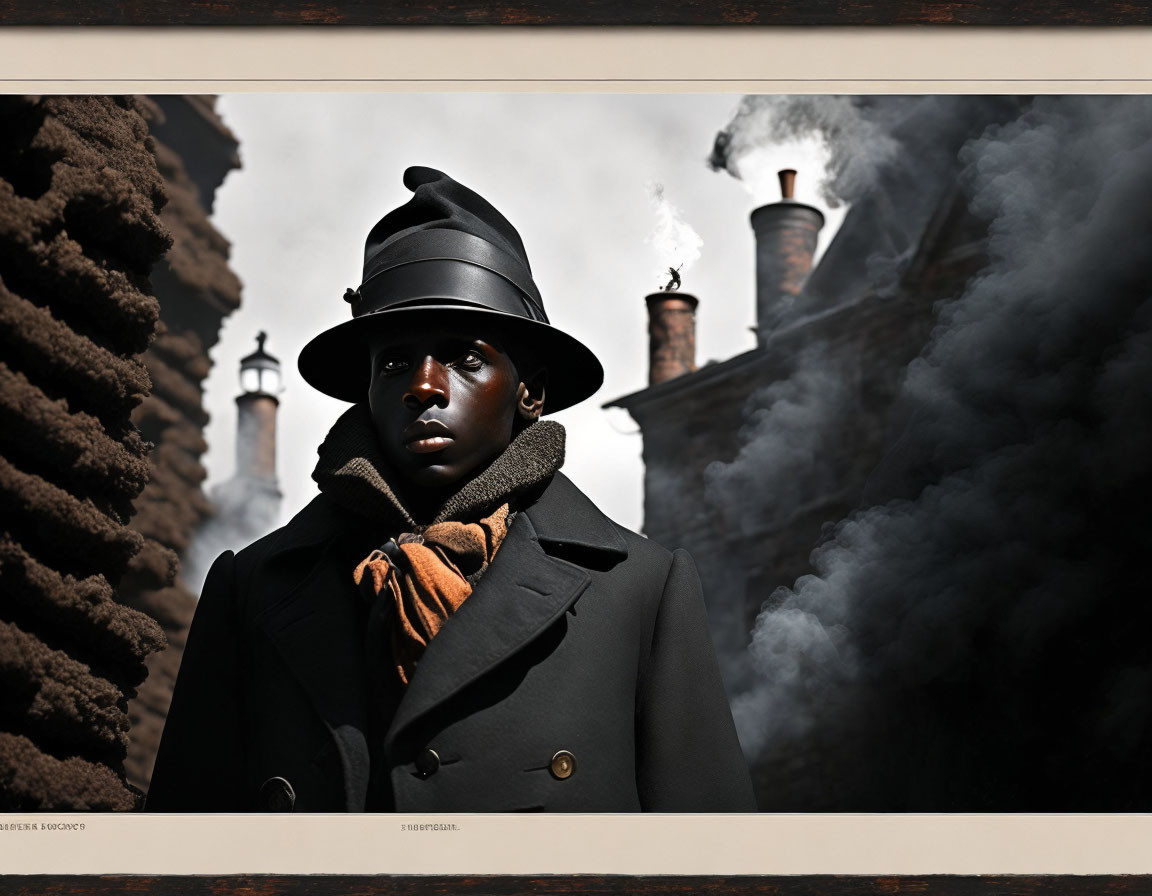 Dark-skinned man in black coat, hat, and scarf standing solemnly with chimney smoke.