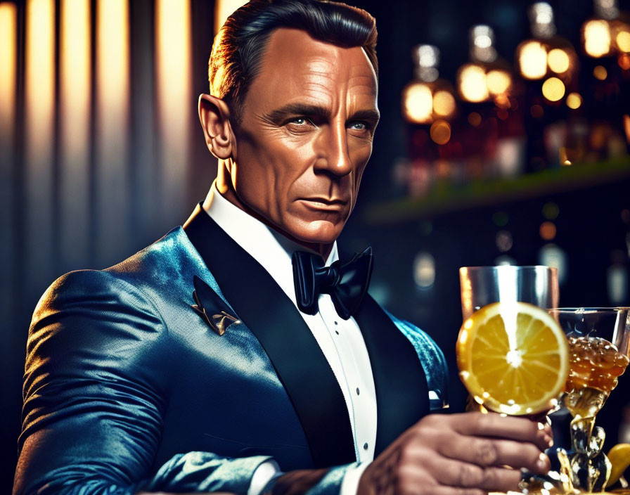 Elegant man in blue tuxedo with cocktail in bar setting