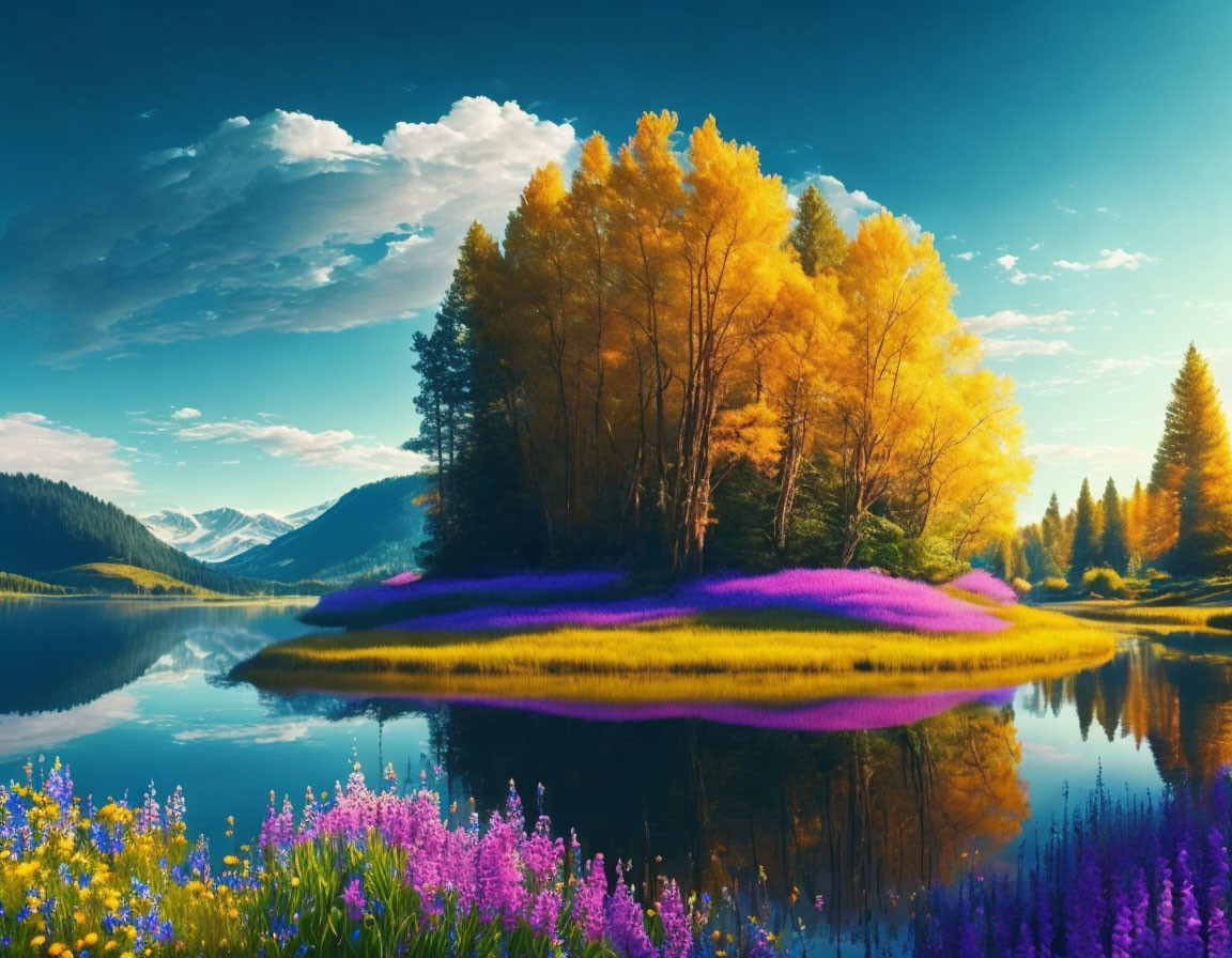 Tranquil lake scene with purple flowers, golden trees, pine trees, and mountain backdrop