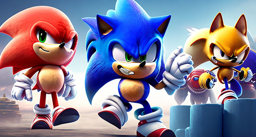 Three animated hedgehog characters in action pose with blue, red, and yellow color variations.