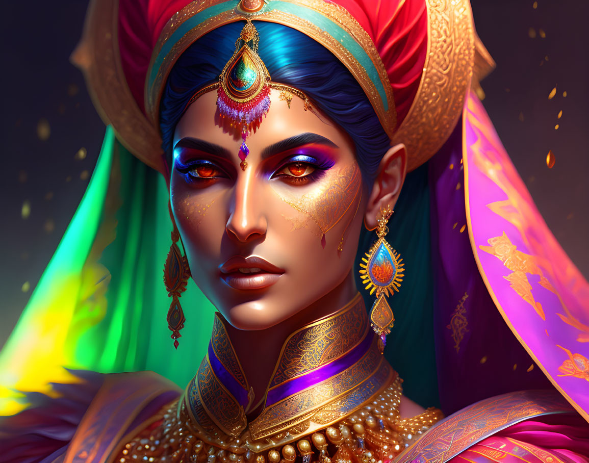 Colorful portrait of a woman with ornate jewelry and headpiece