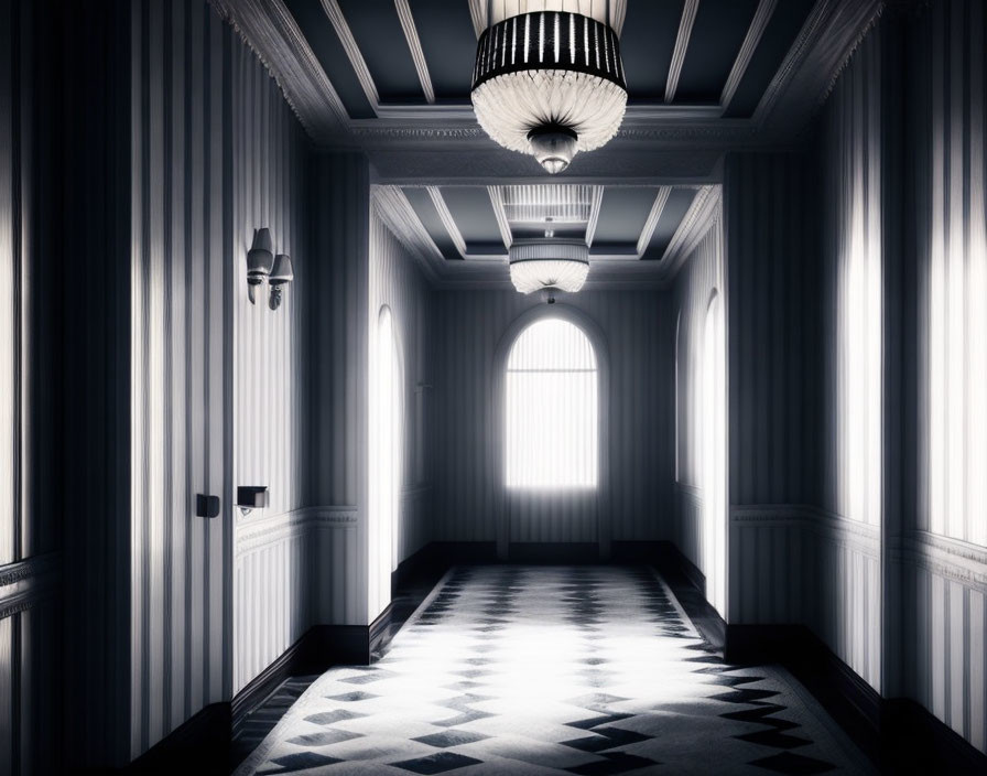 Monochrome hallway with striped wallpaper, geometric floor, and chandelier shadows