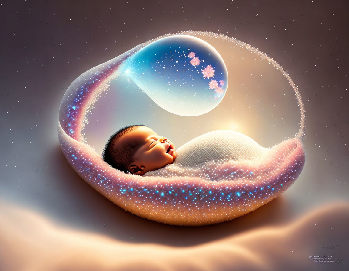 Sleeping baby cradled by ethereal bubble with cosmic and floral elements