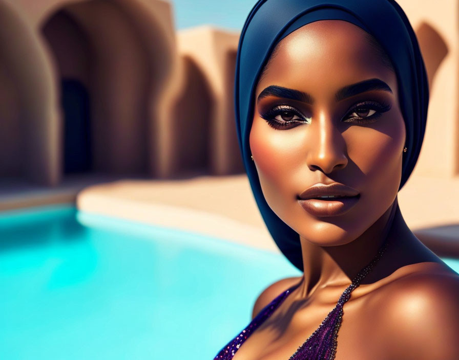 Woman in headscarf with striking makeup poses by pool in warm sunlight