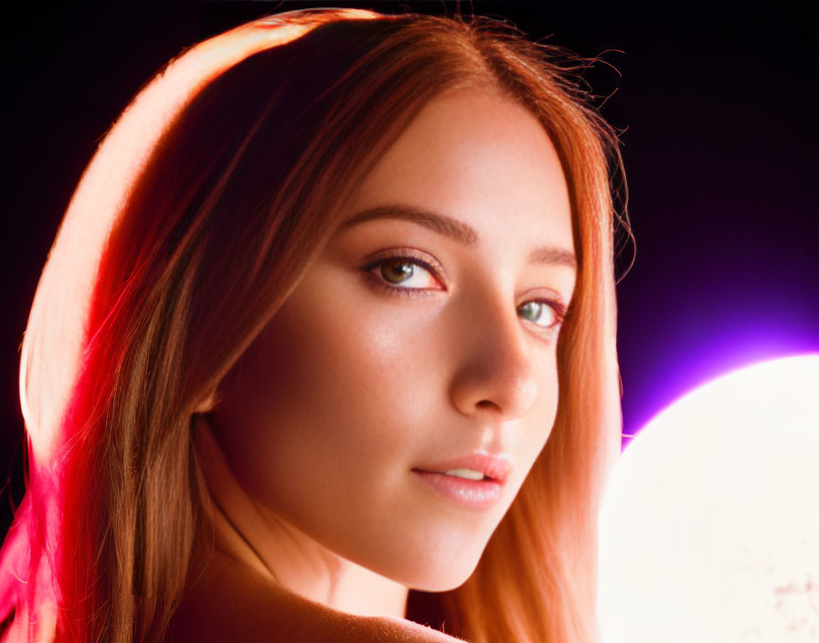 Fair-skinned woman with reddish hair against purple glowing background