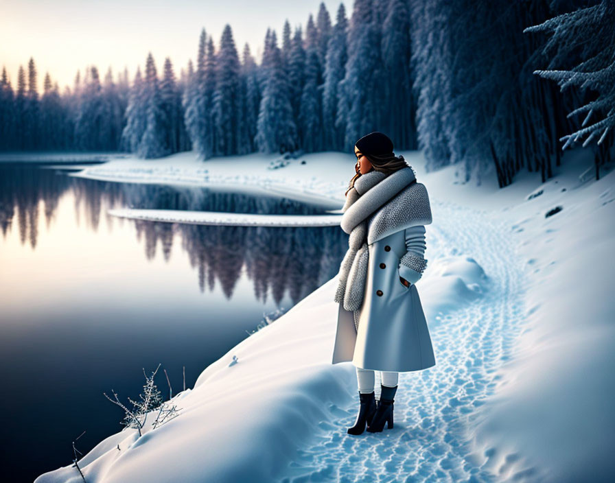 Person in winter coat by snow-covered lakeshore at twilight