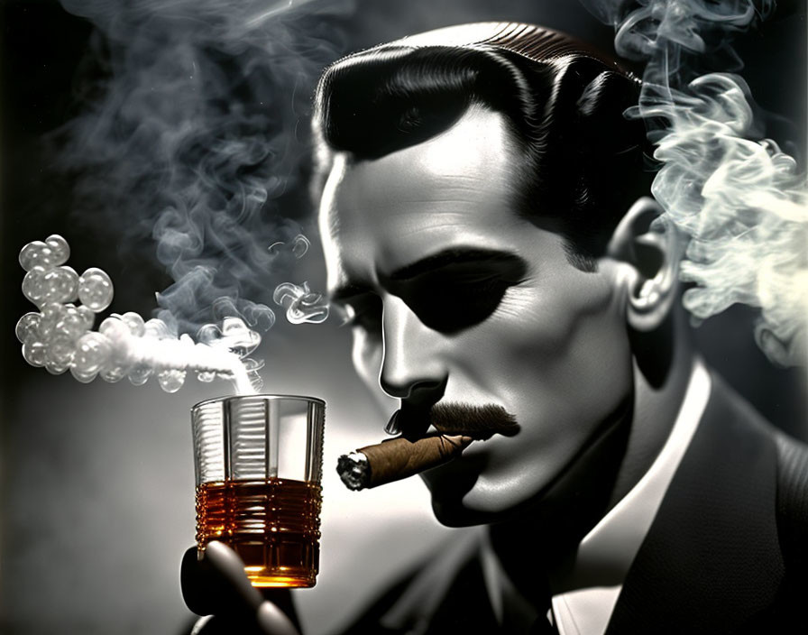 Stylized image of man with slick haircut, smoking cigar & holding whiskey glass