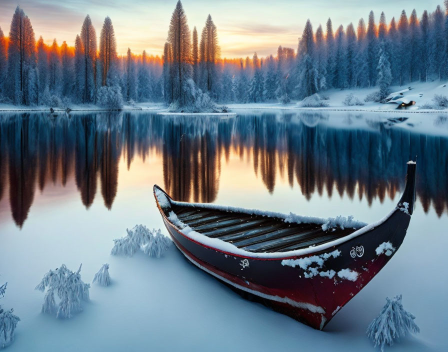 Snow-covered canoe in serene winter landscape with reflective lake