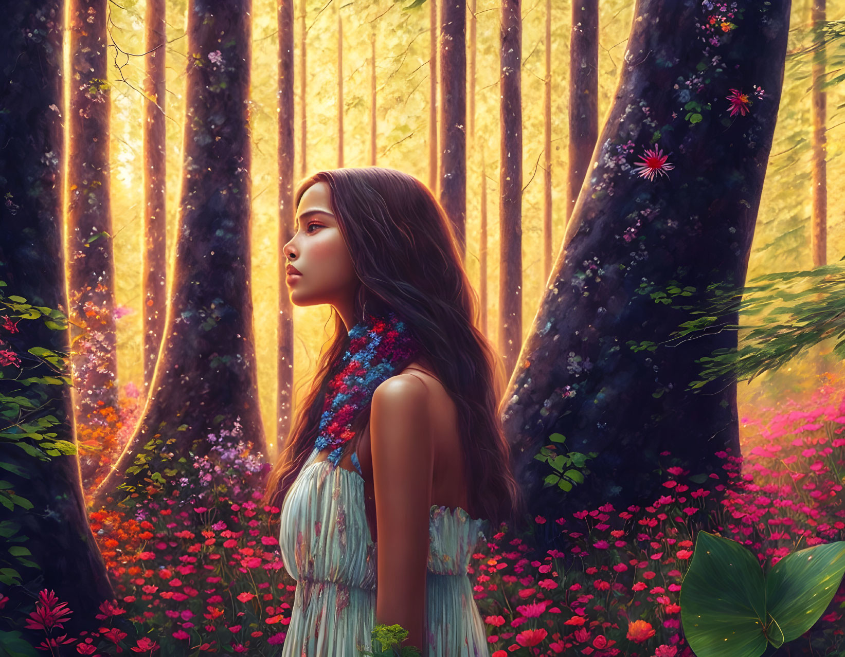 Young woman in pastel dress in vibrant forest with sunlight filtering through trees